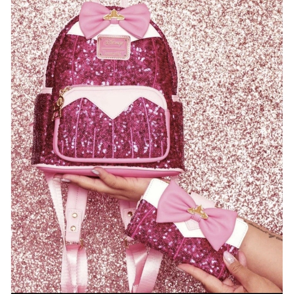 NWT Loungefly Disney Princess Aurora Sleeping Beauty Pink Sequin Backpack Wallet